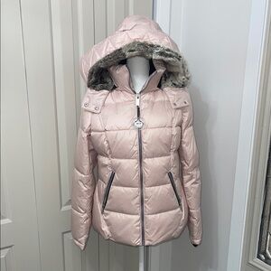 Light Pink Puffer Jacket with Faux Fur Trim